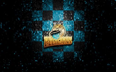 Lahti Pelicans, logo glitter, Liiga, sfondo blu a scacchi neri, hockey, squadra di hockey finlandese, logo Lahti Pelicans, arte del mosaico, campionato finlandese di hockey, Lahden Pelicans