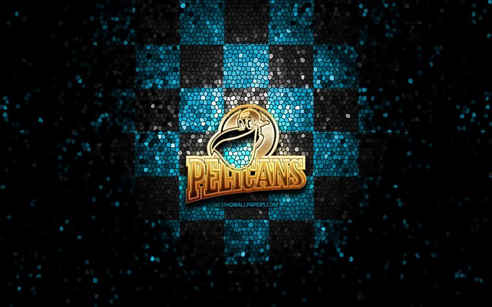 Lahti Pelicans, logo glitter, Liiga, sfondo blu a scacchi neri, hockey, squadra di hockey finlandese, logo Lahti Pelicans, arte del mosaico, campionato finlandese di hockey, Lahden Pelicans