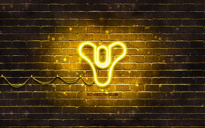 Destiny-keltainen logo, 4k, keltainen tiilisein&#228;, Destiny-logo, pelimerkit, Destiny-neon-logo, Destiny