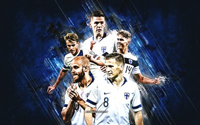 Finland national football team, blue stone background, Finland, football, Teemu Pukki, Robert Taylor