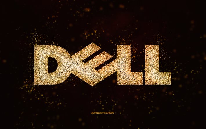 Logotipo com glitter da Dell, fundo preto, logotipo da Dell, arte com glitter dourados, Dell, arte criativa, logotipo com glitter dourados da Dell