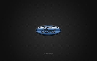Logo Ford, logo argent&#233;, fond gris en fibre de carbone, embl&#232;me en m&#233;tal Ford, Ford, marques de voitures, art cr&#233;atif