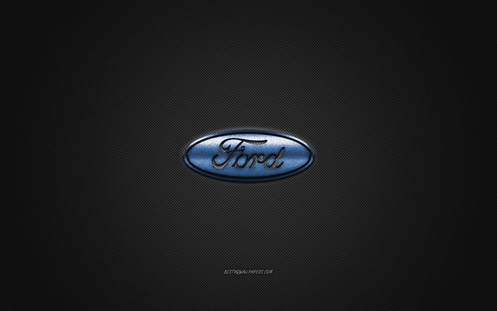 Logo Ford, logo argento, sfondo grigio in fibra di carbonio, emblema in metallo Ford, Ford, marchi di automobili, arte creativa