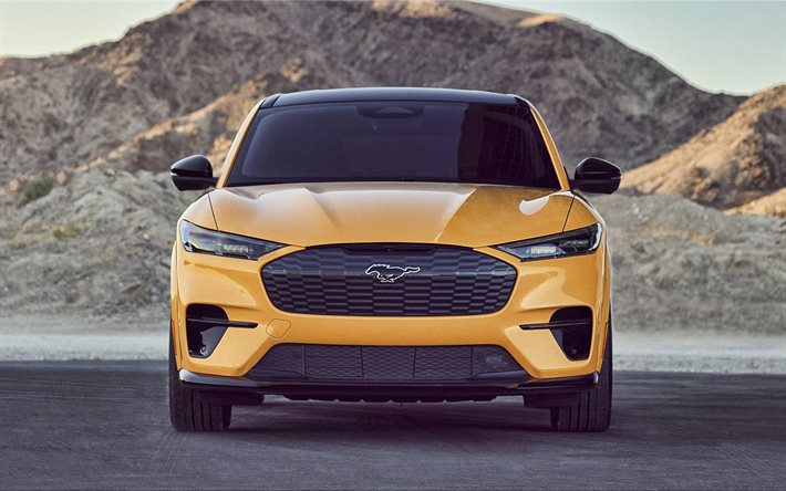 Ford Mustang Mach-E, 2021, front view, exterior, electric SUV, new yellow Mustang Mach-E, electric cars, Ford