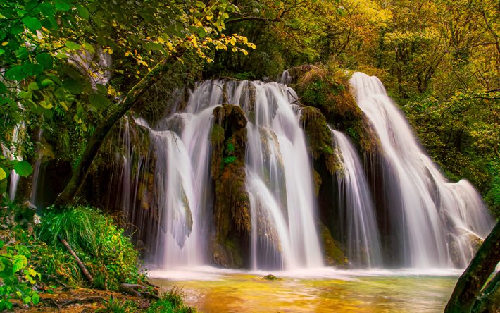 Cascade des Tufs, härligt vattenfall, Cuisance River, skog, vattenfall, Frankrike