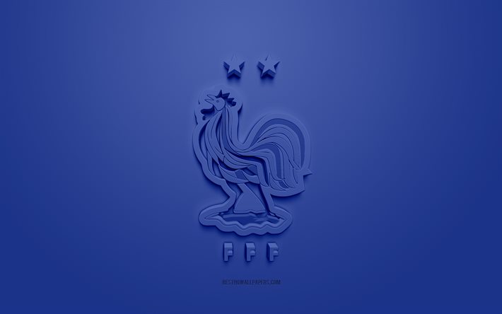 フランス代表サッカーチームのロゴ, 3Dロゴ, フランス, フットボール。, フランス代表サッカーチームの新しいロゴ, 青い背景, フランス代表サッカーチーム