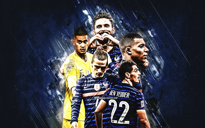 L&#39;&#233;quipe de France de football, fond bleu pierre, France, football, Kylian Mbappe, Antoine Griezmann, Olivier Giroud