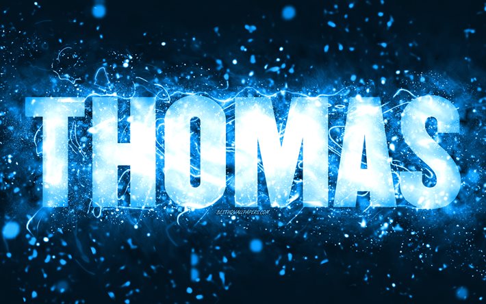 Buon compleanno Thomas, 4k, luci al neon blu, nome Thomas, creativo, Thomas Happy Birthday, Thomas Birthday, nomi maschili americani popolari, foto con nome Thomas, Thomas