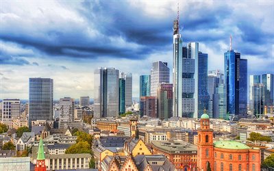 Frankfurt, Commerzbank Tower, Maintower, noite, p&#244;r do sol, arranha-c&#233;us, edif&#237;cios modernos, horizonte de Frankfurt, Alemanha