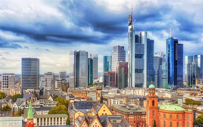 Frankfurt, Commerzbank Kulesi, Ana Kule, akşam, g&#252;n batımı, g&#246;kdelenler, modern binalar, Frankfurt manzarası, Almanya