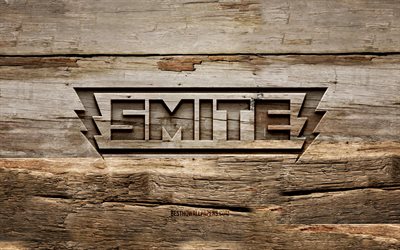 Smite wooden logo, 4K, wooden backgrounds, games brands, Smite logo, creative, wood carving, Smite