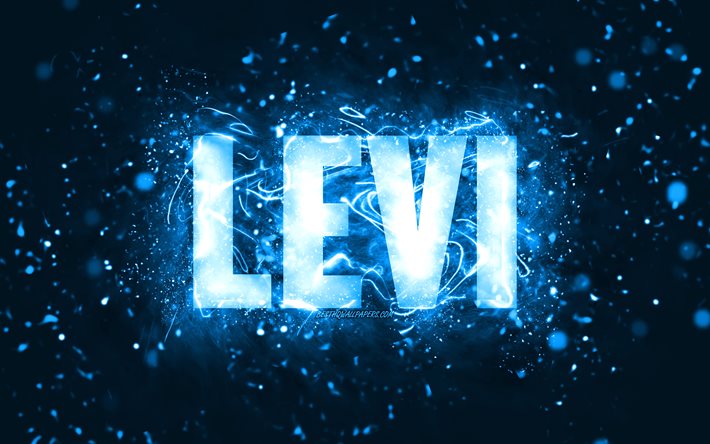 Joyeux anniversaire Levi, 4k, n&#233;ons bleus, nom de Levi, cr&#233;atif, joyeux anniversaire de Levi, anniversaire de Levi, noms masculins am&#233;ricains populaires, photo avec le nom de Levi, Levi
