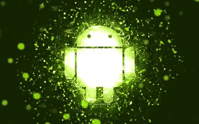Android lime-logotyp, 4k, lime neonljus, kreativ, lime abstrakt bakgrund, Android-logotyp, OS, Android