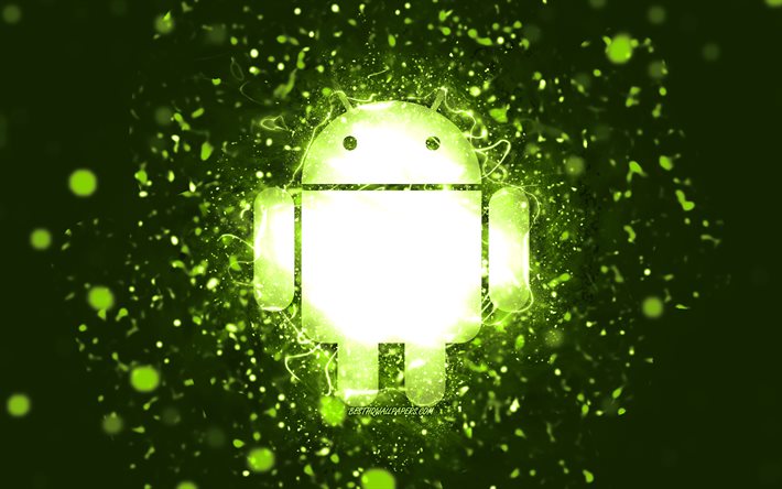 Logo lime Android, 4k, luci al neon lime, creativo, sfondo astratto lime, logo Android, OS, Android