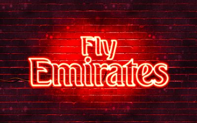 エミレーツ航空の赤いロゴ, 4k, 赤レンガの壁, エミレーツ航空, 航空会社, エミレーツ航空のネオンロゴ