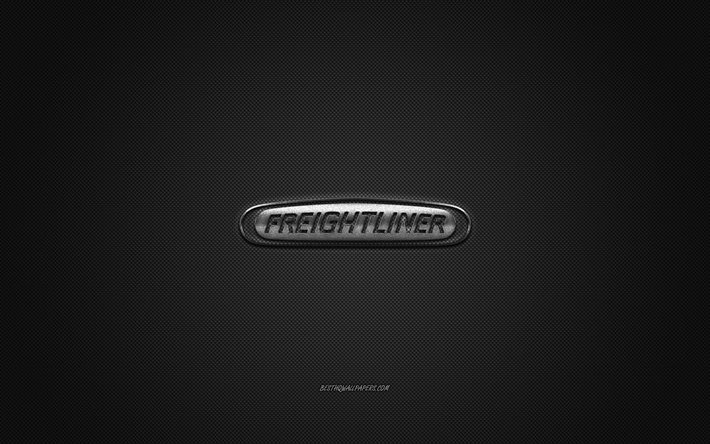 Logo Freightliner, logo argento, sfondo grigio in fibra di carbonio, emblema in metallo Freightliner, Freightliner, marchi di automobili, arte creativa
