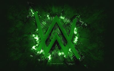 Alan Walker logosu, grunge sanat, yeşil taş, arka plan, Alan Walker yeşil logosunu, Alan Walker, yaratıcı sanat, yeşil Alan Walker grunge logosu