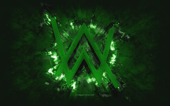 Alan Walker, logo, grunge art, vert de la pierre de fond, Alan Walker logo vert, art cr&#233;atif, vert Alan Walker, logo grunge