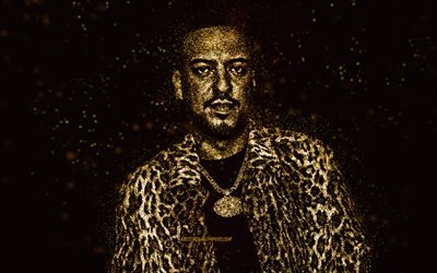 French Montana, gold glitter art, black background, American rapper, French Montana art, Karim Kharbouch