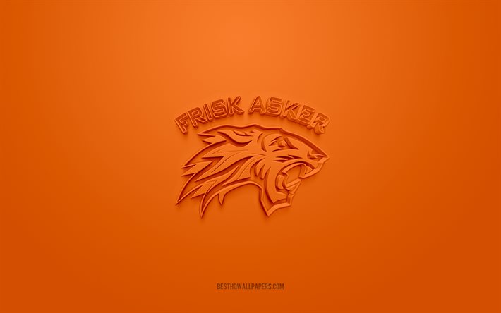 Frisk Asker, creative 3D logo, orange background, 3d emblem, Norwegian hockey club, Eliteserien, Asker, Norway, 3d art, hockey, Frisk Asker 3d logo
