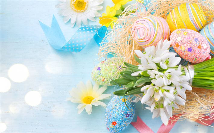 La pascua, primavera decoraci&#243;n de pascua, huevos de pascua, las flores de la primavera, los huevos en el nido