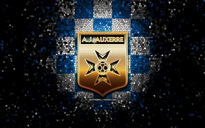 O AJ Auxerre, glitter logotipo, Liga 2, azul, branca, fundo quadriculado, futebol, clube de futebol franc&#234;s, Auxerre logotipo, arte em mosaico, Auxerre FC