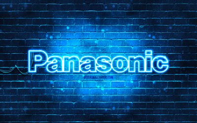 Panasonic logo azul, 4k, azul brickwall, Panasonic logotipo, marcas, Panasonic ne&#243;n logotipo de Panasonic