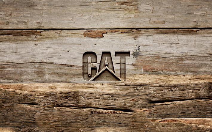 キャタピラは木製のロゴ, 4K, 木の背景, 猫, キャタピラーロゴ, 創造, 木彫, キャタピラー, 猫マーク