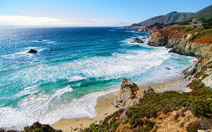 California, 4k, aallot, rannikolla, ocean, kaunis luonto, kes&#228;ll&#228;, USA, Amerikassa