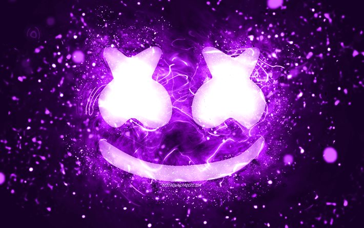 Marshmello violetti logo, 4k, Christopher Comstock, violetti neon valot, luova, violetti abstrakti tausta, DJ Marshmello, Marshmello logo, amerikkalainen Dj, Marshmello