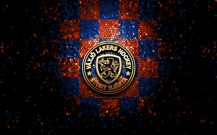 Vaxjo Lakers, glitter logo, SHL, blue orange checkered background, hockey, swedish hockey team, Vaxjo Lakers logo, mosaic art, swedish hockey league