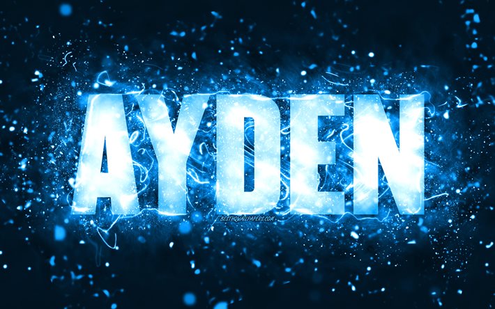 Buon Compleanno Ayden, 4k, neon blu, Ayden nome, creativo, Ayden buon Compleanno, Ayden Compleanno, popolare americana nomi maschili, foto con Ayden nome, Ayden