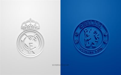 Real Madrid vs Chelsea FC en la UEFA Champions League, en la semi-final, logos en 3D, blanco, fondo azul, de la Liga de Campeones, partido de f&#250;tbol, Real Madrid, Chelsea FC