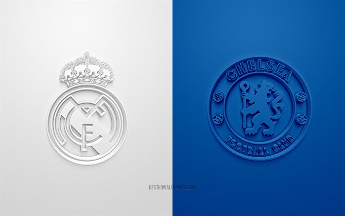 ريال مدريد vs Chelsea FC, دوري أبطال أوروبا, نصف النهائي, 3D الشعارات, الأبيض على خلفية زرقاء, مباراة لكرة القدم, ريال مدريد, تشيلسي