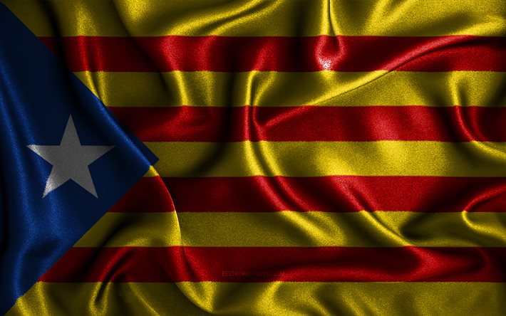 Estelada Catalunha bandeira, 4k, seda ondulado bandeiras, Comunidades de Espanha, Bandeira da Catalunha Estelada, tecido bandeiras, Arte 3D, espanhol comunidades, Estelada Catalunha, Espanha, Estelada Catalunha 3D bandeira