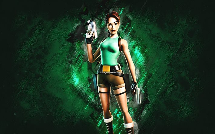 Fortnite Lara Croft Hud, Fortnite, huvudpersonerna, gr&#246;n sten bakgrund, Lara Croft, Fortnite skinn, Lara Croft Hud, Lara Croft Fortnite, Fortnite tecken