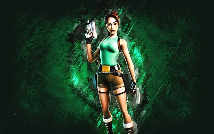 Fortnite Lara Croft Pele, Fortnite, personagens principais, pedra verde de fundo, Lara Croft, Fortnite peles, Lara Croft Pele, Lara Croft Fortnite, Fortnite caracteres