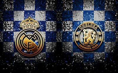 Real Madrid vs Chelsea FC, semi-finalen, Champions League-2021, fotbollsmatch, guld logotyper, Champions League, fotboll, Real Madrid, Chelsea FC
