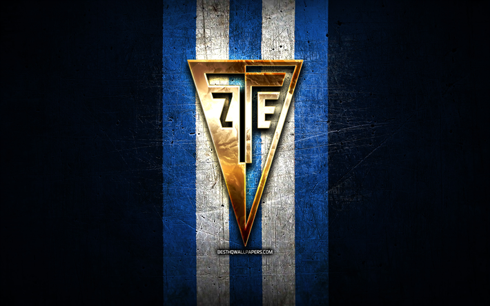 Zalaegerszegi FC, golden logo, OTP Bank Liga, blue metal background, football, hungarian football club, Zalaegerszegi TE logo, Hungary, Zalaegerszegi TE
