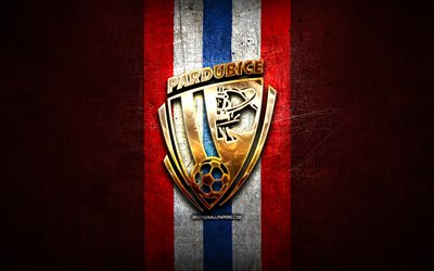 pardubice fc, logotipo dorado, primera liga checa, fondo de metal azul, fútbol, ​​club de fútbol checo, logotipo de fk pardubice, ​​fk pardubice