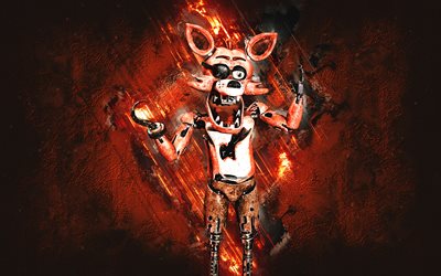 foxy, triple a fazbear, sfondo in pietra arancione, arte grunge, personaggio foxy, personaggi triple a fazbear