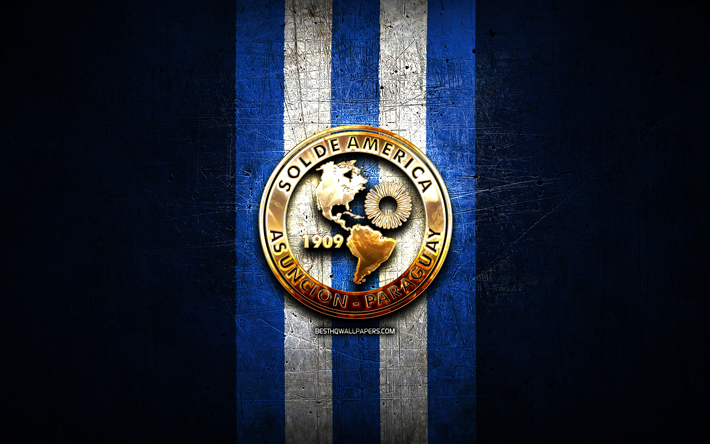 ソルデアメリカfc, 金色のロゴ, パラグアイプリメーラ部門, 青い金属の背景, フットボール, ベネズエラのサッカークラブ, ソルデアメリカのロゴ, サッカー, ベネズエラプリメーラ部門, クルブソルデアメリカ