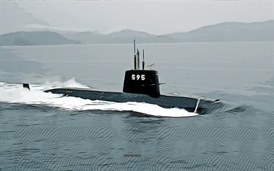 JS Narushio, SS-595, 4k, vector art, JS Narushio drawing, creative art, JS Narushio art, vector drawing, Oyashio-class submarine