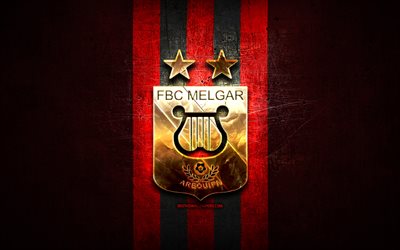 fbc melgar, logo dorato, liga 1 apertura, sfondo in metallo rosso, calcio, squadra di calcio peruviana, logo fbc melgar, melgar fc
