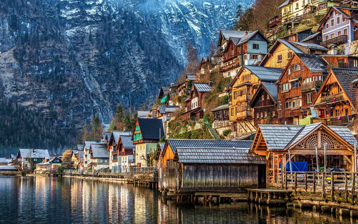 4k, Hallstatt, winter, austrian cities, mountains, Salzkammergut, Austria, Alps, beautiful nature, embankment, Hallstatt cityscape, Europe