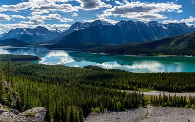 spray lake, lac de montagne, rocheuses canadiennes, paysage de montagne, forêt, montagnes, spray valley provincial park, canada