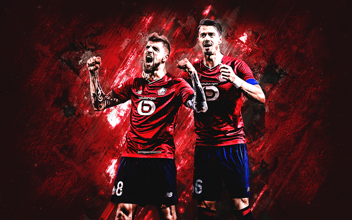 Lille OSC, Xeka, Jose Fonte, football players, red stone background, Xeka Lille, Ligue 1, football, France