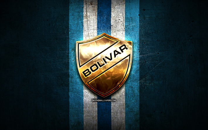 Bolivar FC, golden logo, Bolivian Primera Division, blue metal background, football, Venezuelan football club, Club Bolivar logo, soccer, Venezuelan Primera Division, Club Bolivar