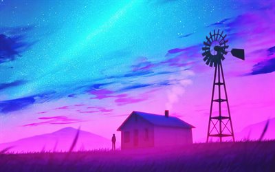 abstract landscapes, 4k, loneliness concept, windmill, northern lights, house, creative