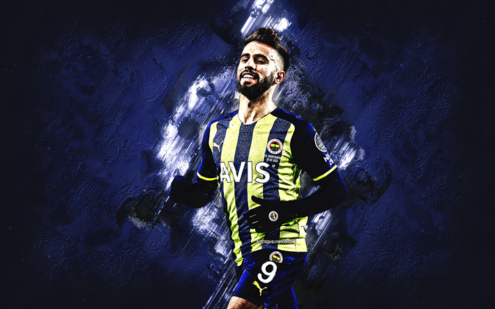 Diego Rossi, Fenerbahce, Uruguayan football player, blue stone background, football, Turkey